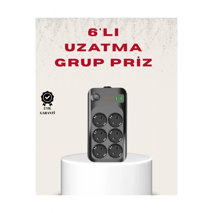 6’lı Grup Priz Termal Korumalı USB Type-C Çoklu Priz 2 Metre Kablo