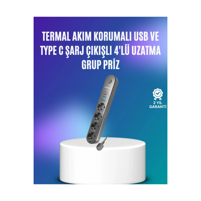 4’lü Çoklu Priz 2 USB Type-C Girişli Akım Korumalı Siyah