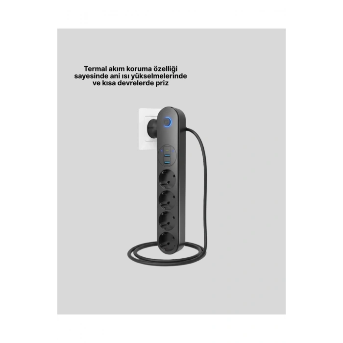 4’lü Çoklu Priz 2 USB Type-C Girişli Akım Korumalı Siyah