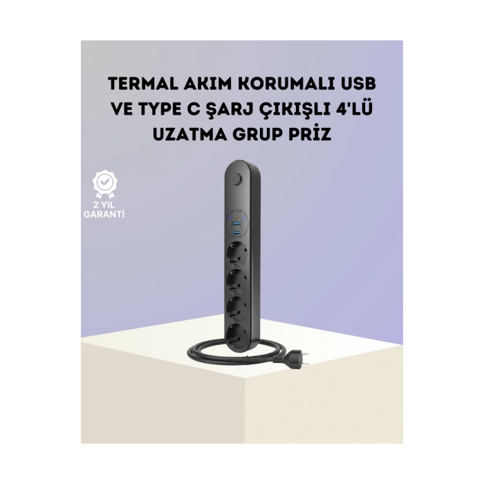 Akım Korumalı Çoklu Priz 4’lü 2 USB 1 Type-C 2500W Güçlü Tasarım