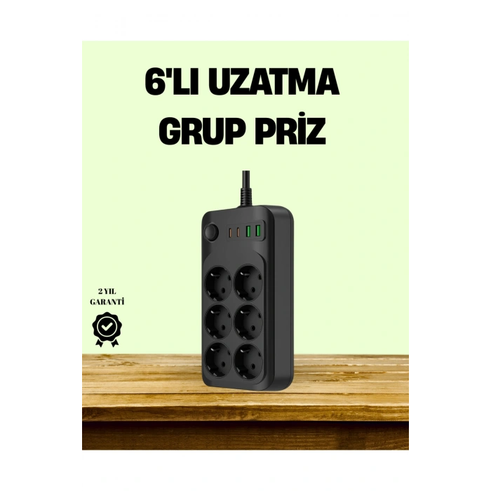 2500W Güçlü 6’lı Priz USB ve Type-C Çıkışlı Termal Korumalı