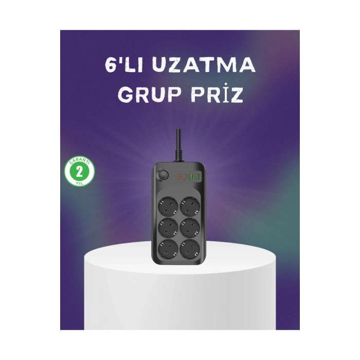 6 Prizli Çoklu Uzatma Kablosu USB Type-C Hızlı Şarj Termal Koruma