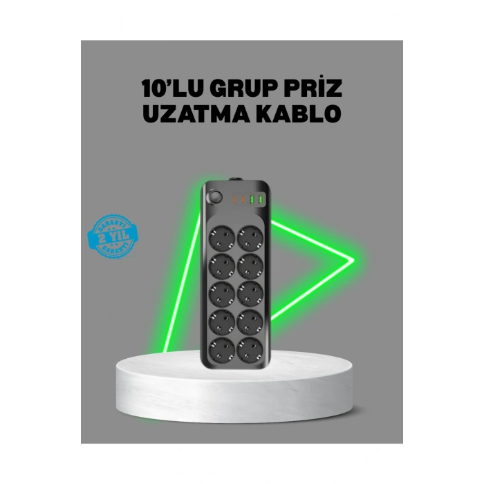 Termal Akım Korumalı 10’lu Grup Priz USB Type-C Hızlı Şarj 2500W 2m Kablo