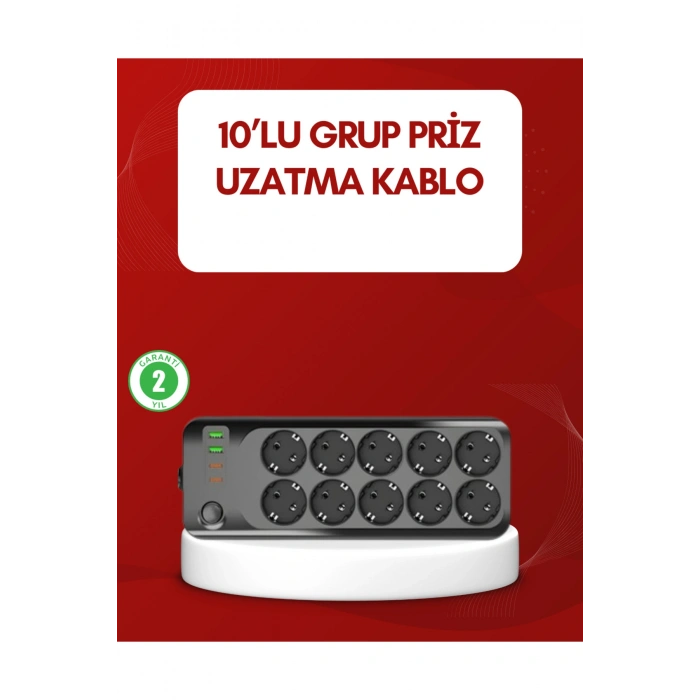 USB Type-C Destekli 10’lu Grup Priz Termal Korumalı 2m Kablo 2500W