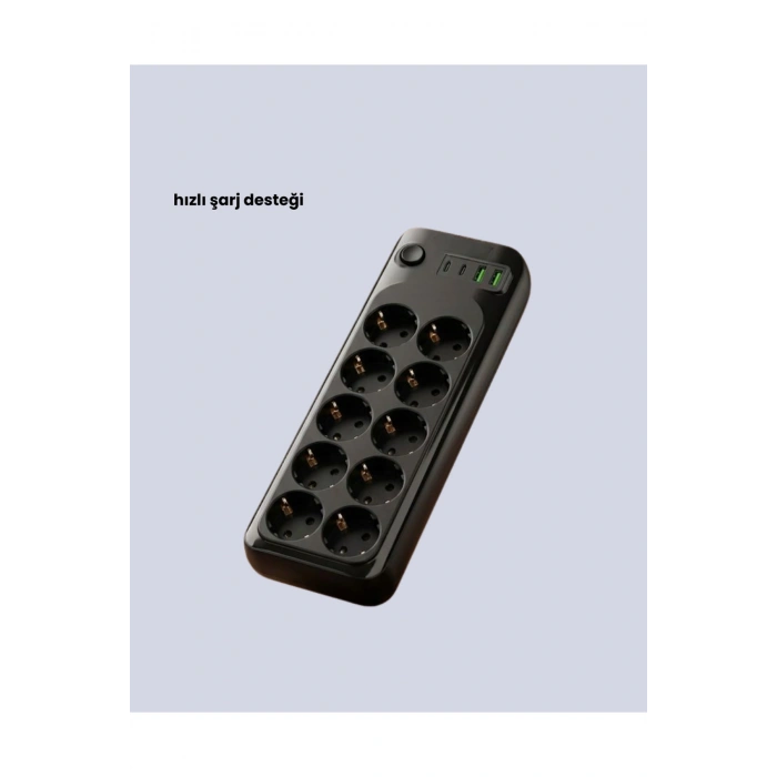 USB Type-C Destekli 10’lu Grup Priz Termal Korumalı 2m Kablo 2500W