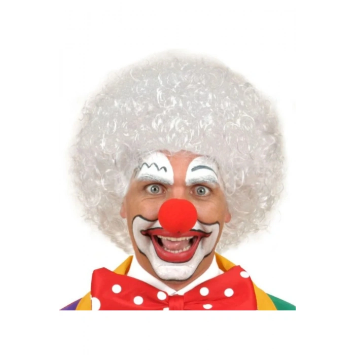 Beyaz Renk Kıvırcık Afro Bonus Peruk Saç ve Kırmızı Sünger Burun Seti (5324)