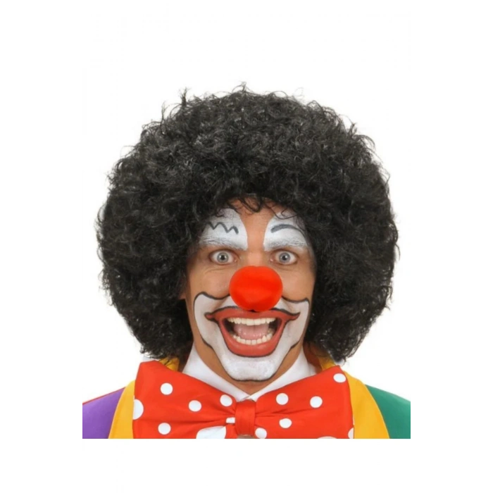 Siyah Renk Kıvırcık Afro Bonus Peruk Saç ve Kırmızı Sünger Burun Seti (5324)