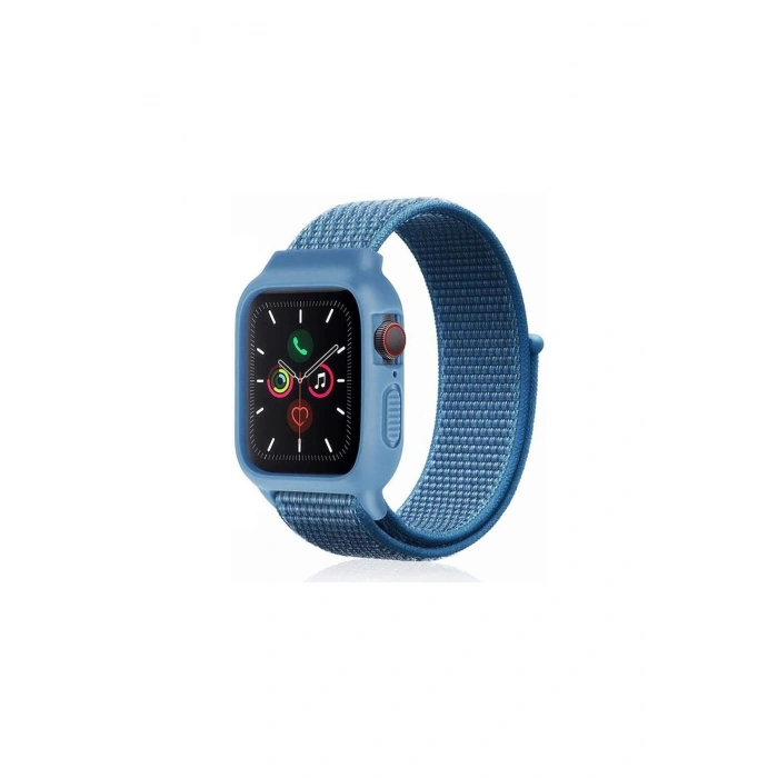 Apple Watch 38mm Hasırlı Cırtcırtlı Kasalı Kordon (SAAT DEĞİLDİR) - Mavi