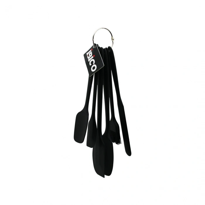 6PCS  SİLİKON - SİYAH MUTFAK SETİ 2 KAŞIK - 3 SPATULA - YUMURTA FIRÇA  METAL ASMA HALKALI (5324)