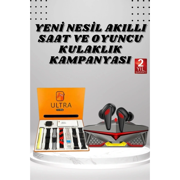 7 Kordonlu Akıllı Saat Ve Oyuncu Kulaklığı Bluetooth Bağlantılı Android Ve İos Uyumlu