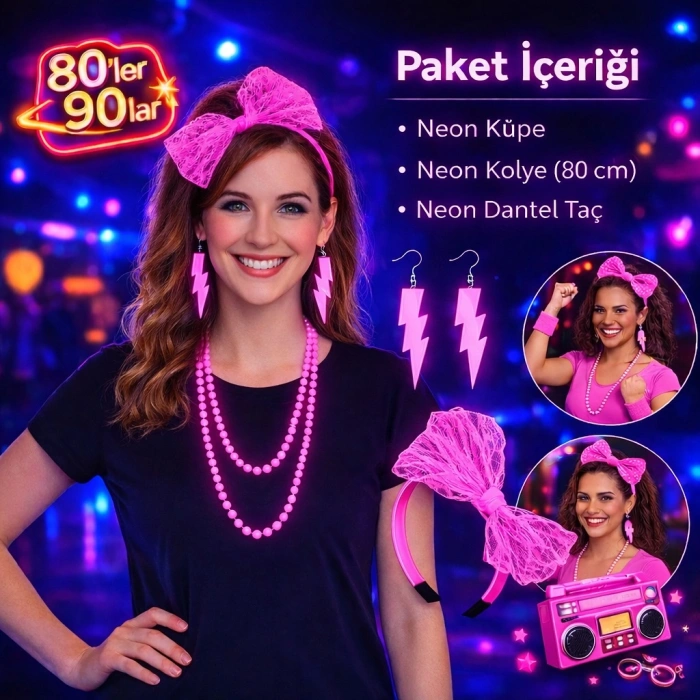 80’ler 90’lar Neon Pembe Parti Seti – Kolye Küpe Taç (5324)