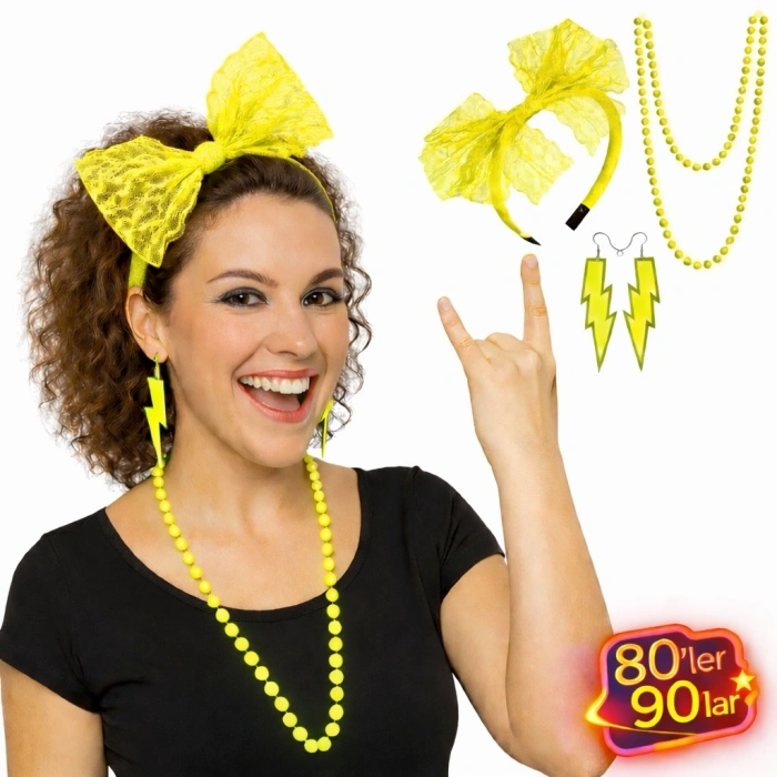 80’ler 90’lar Neon Sarı Parti Seti – Kolye Küpe Taç (5324)