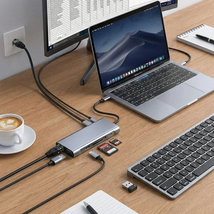 8in1 Type-C Çoklayıcı Hub HDMI 4K USB 3.0 SD TF Kart RJ45 Ethernet Dönüştürücü Adaptör (5324)