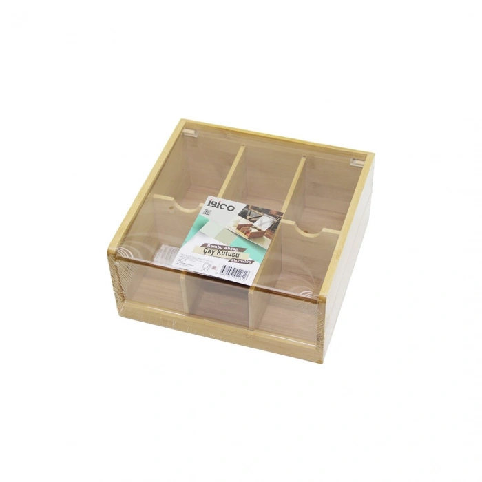 AHŞAP BAMBU 6 BÖLMELİ  POŞET ÇAY KUTUSU MİKA PLASTİK KAPAK  21X20X10CM (5324)