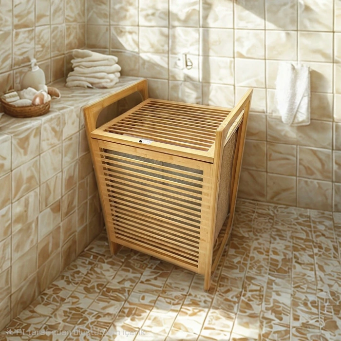 AHŞAP BAMBU KİRLİ ÇAMAŞIR SEPET KUMAŞ ÇANTALI SEPET=40X35X60CM (5324)