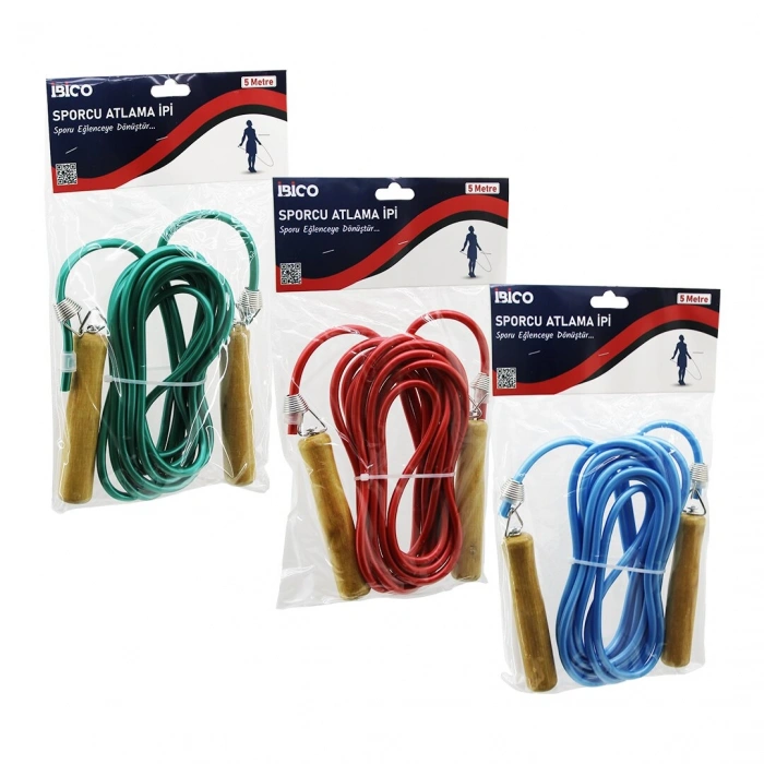 AHŞAP SAPLI PVC ATLAMA İPİ RENKLİ 5MT (5324)
