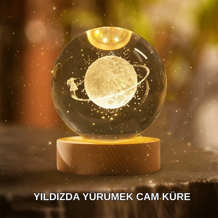 Ahşap Standlı Sarı Işıklı Dekoratif Küre Kız Figürü Tasarım