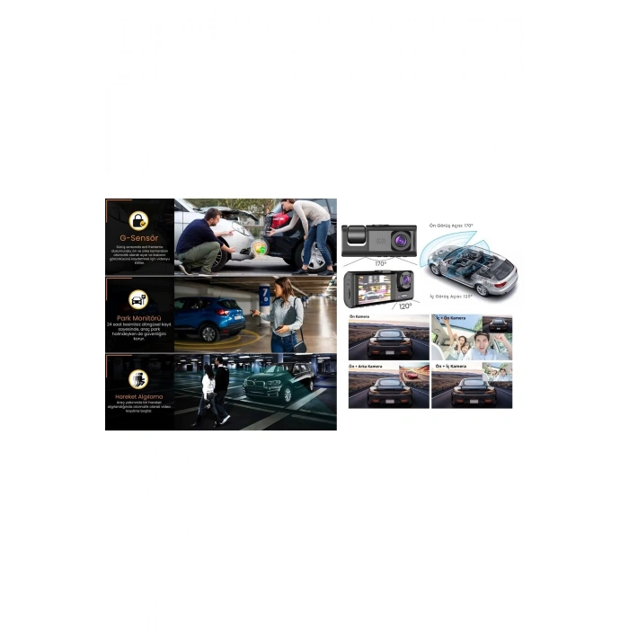Akıllı Full HD 3 Kameralı Araç İçi Güvenlik Kamerası Ön-Arka-İç Kayıt, Park Modu