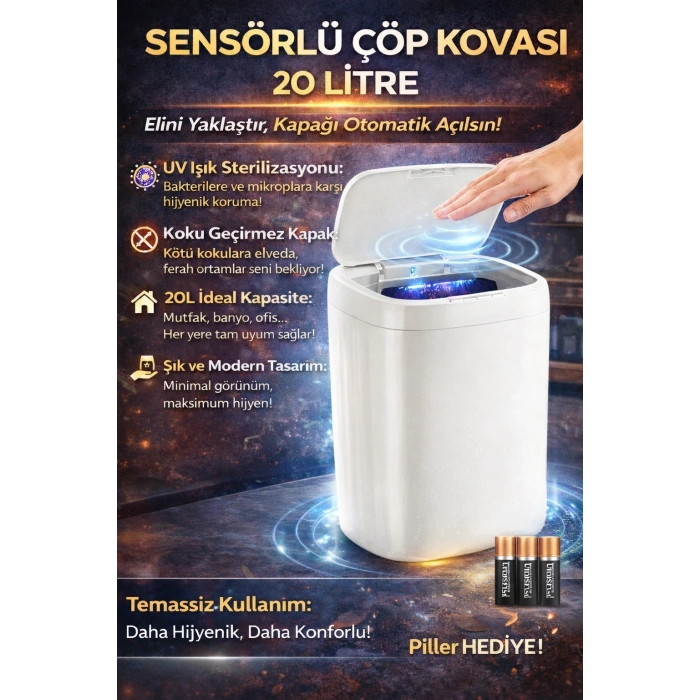 Akıllı Sensörlü UV Işıklı 20 Litre Çöp Kovası - Mutfak, Banyo, İşyeri ve Ofis Kullanımı
