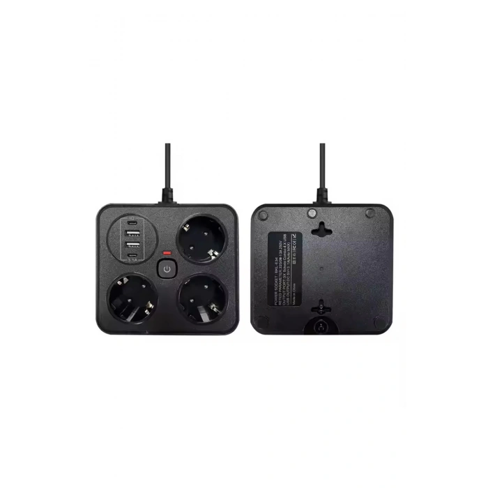 Akım Korumalı Anahtarlı Priz - 3x Priz - 2x Usb - 2x Type-c - 2 Mt Kablo Hızlı Şarj Özellikli Siyah