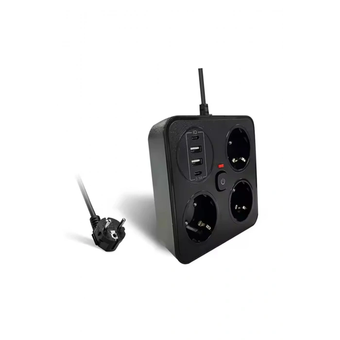 Akım Korumalı Anahtarlı Priz - 3x Priz - 2x Usb - 2x Type-c - 2 Mt Kablo Hızlı Şarj Özellikli Siyah