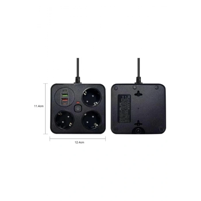 Akım Korumalı Anahtarlı Priz - 3x Priz - 2x Usb - 2x Type-c - 2 Mt Kablo Hızlı Şarj Özellikli Siyah