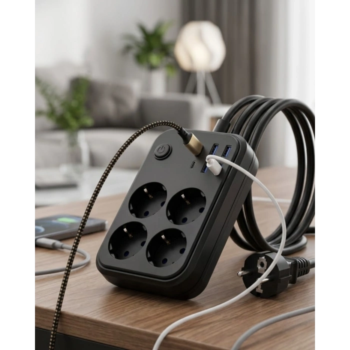 Akım Korumalı Çoklu Priz 4 USB 2 Type C 4 Priz Güvenli ve Hızlı Şarj