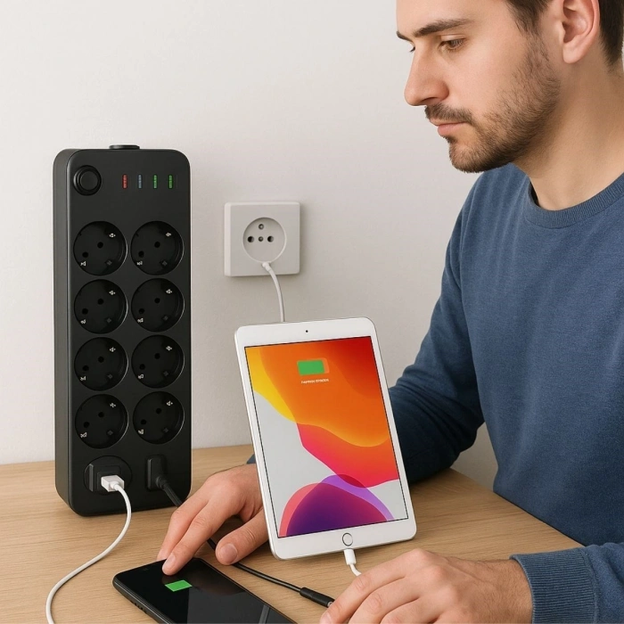 Akım Korumalı Termal Uzatma Kablosu – 10 Priz, 2 USB ve 2 Type-C Girişli, Güçlü Çoklu Priz (5324)