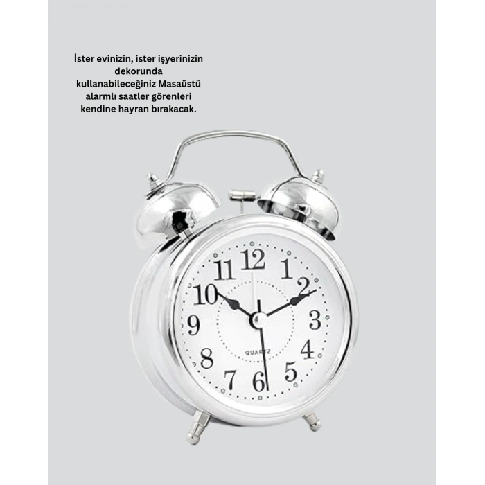 Alarmlı Dekoratif Yuvarlak Masa Saati Gümüş Renk Sessiz ve Işıklı