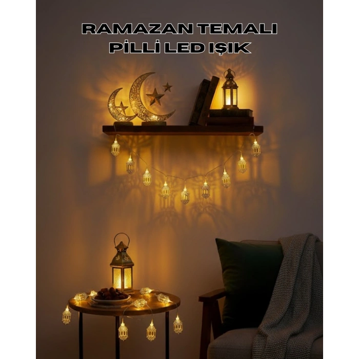 Altın Fener Detaylı Pilli Ramazan LED Işık Ev Dekorasyonu