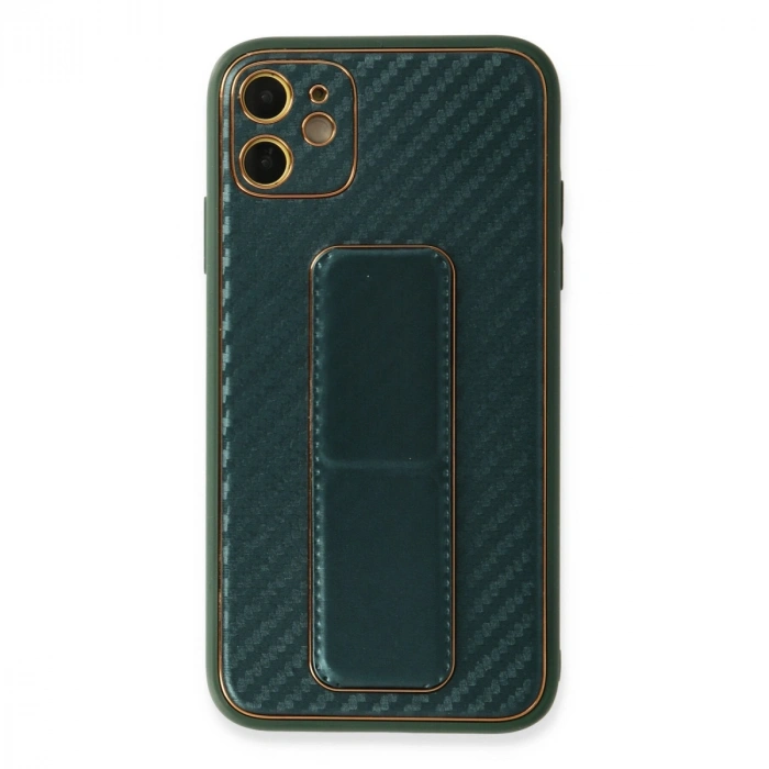 Apple İphone 12 Kılıf Coco Karbon Standlı Kapak - Yeşil