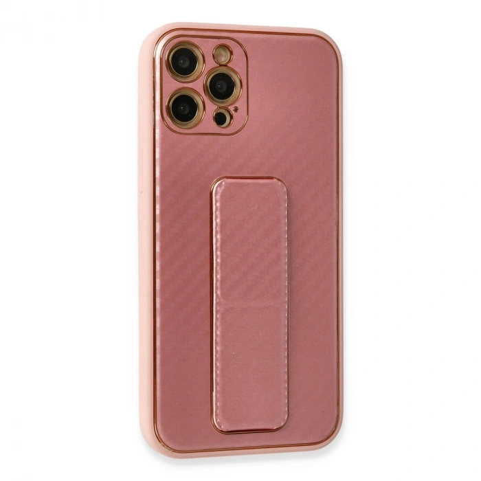 Apple İphone 12 Pro Kılıf Coco Karbon Standlı Kapak - Pembe