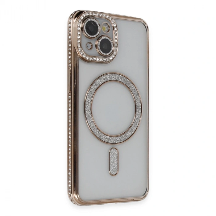 Apple İphone 13 Kılıf Joke Simli Magneticsafe Kılıf - Gold