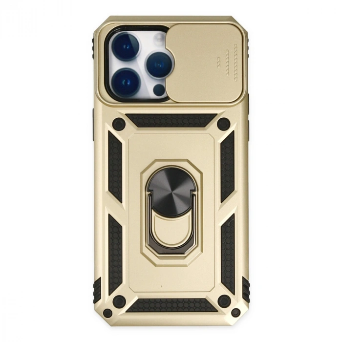 Apple İphone 14 Pro Max Kılıf Pars Lens Yüzüklü Silikon - Gold