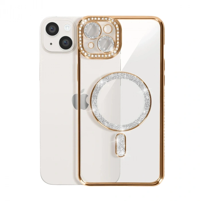 Apple İphone 15 Kılıf Joke Simli Magneticsafe Kılıf - Gold