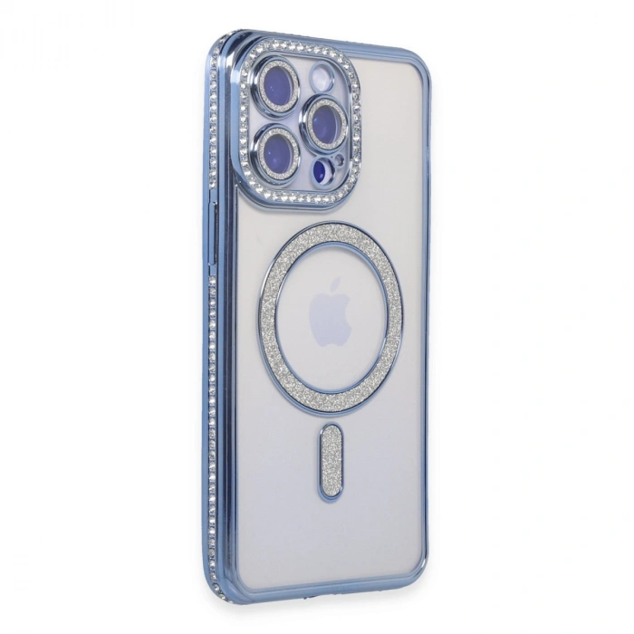 Apple İphone 15 Pro Kılıf Joke Simli Magneticsafe Kılıf - Mavi