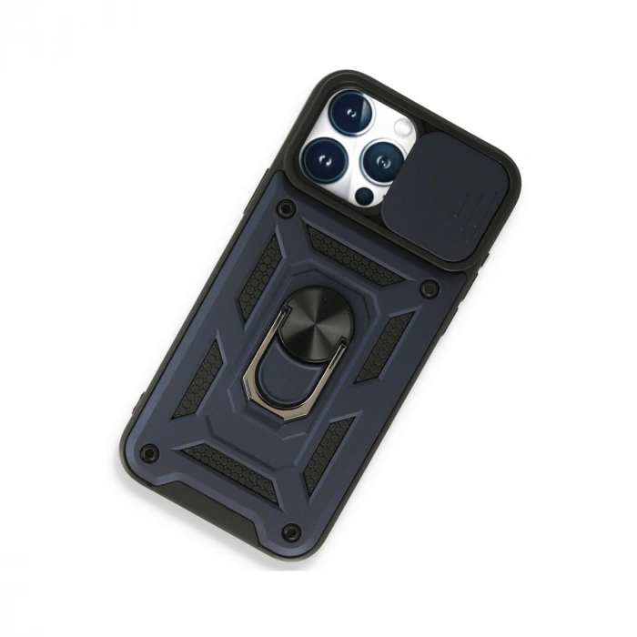 Apple İphone 15 Pro Max Kılıf Pars Lens Yüzüklü Silikon - Lacivert