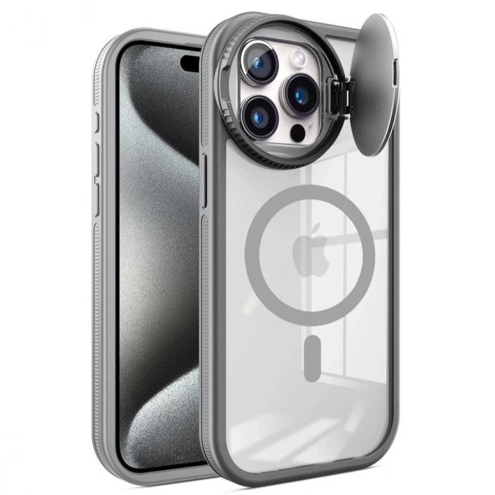 Apple İphone 15 Pro Max Kılıf Teleskop Lens Magsafe Silikon Kapak - Titan Gri