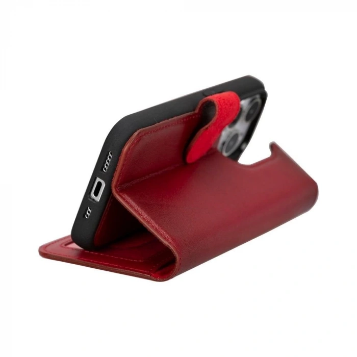 Apple iPhone 15 Pro Uyumlu Deri Cüzdanlı Kılıf MWWN V4EF Kırmızı