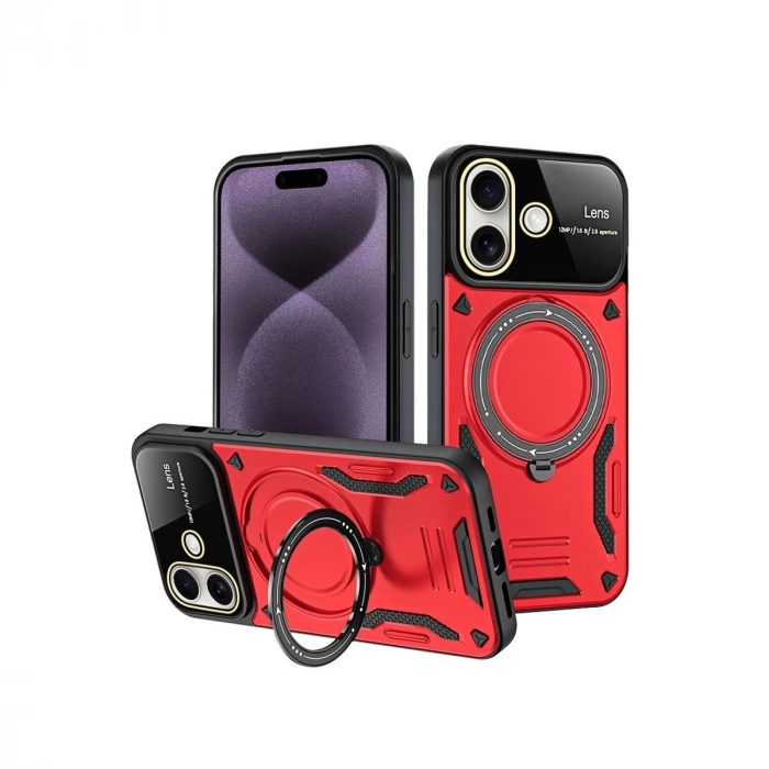 Apple İphone 16 Kılıf Joy Lens Standlı Kapak - Kırmızı