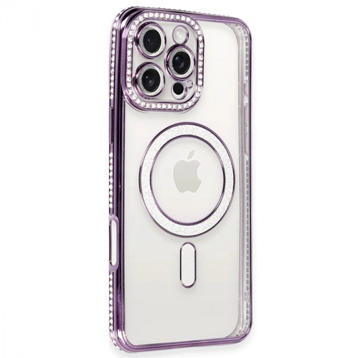 Apple İphone 16 Pro Kılıf Joke Simli Magneticsafe Kılıf - Derin Mor