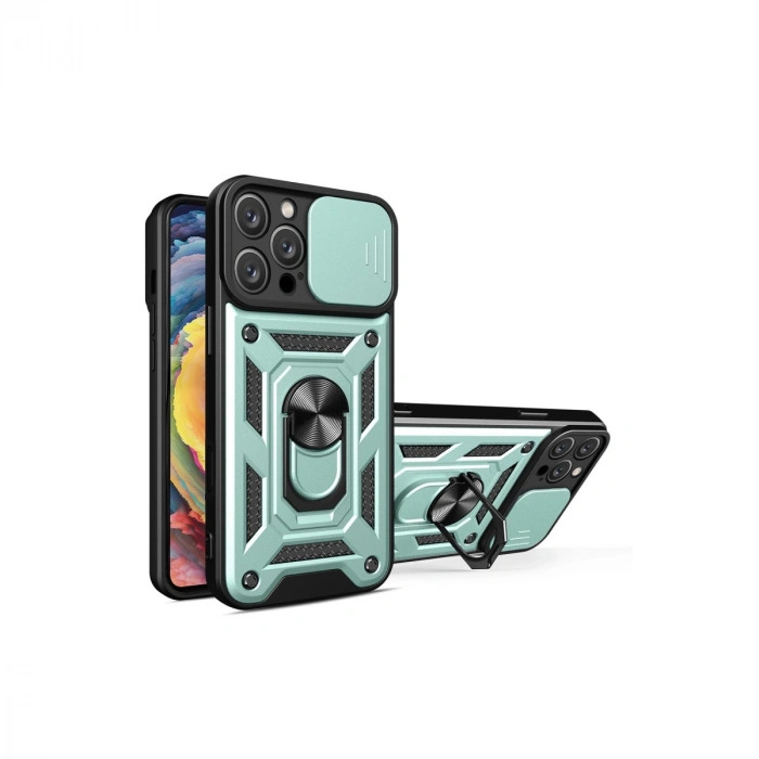 Apple İphone 16 Pro Max Kılıf Pars Lens Yüzüklü Silikon - Yeşil