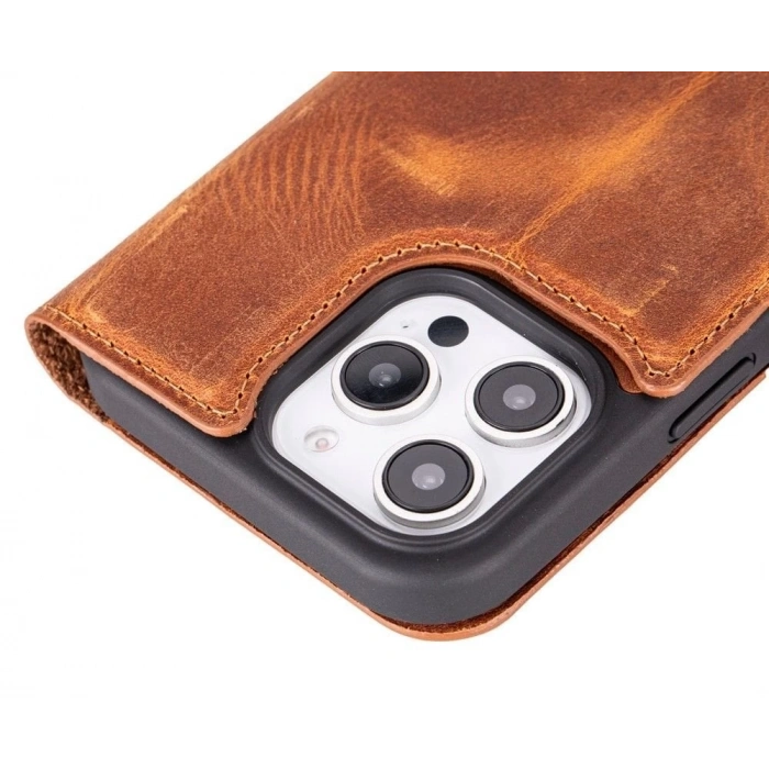 Apple iPhone 16 Pro Max uyumlu, Hakiki Deri, El Yapımı, Cüzdanlı Kılıf, Karamel