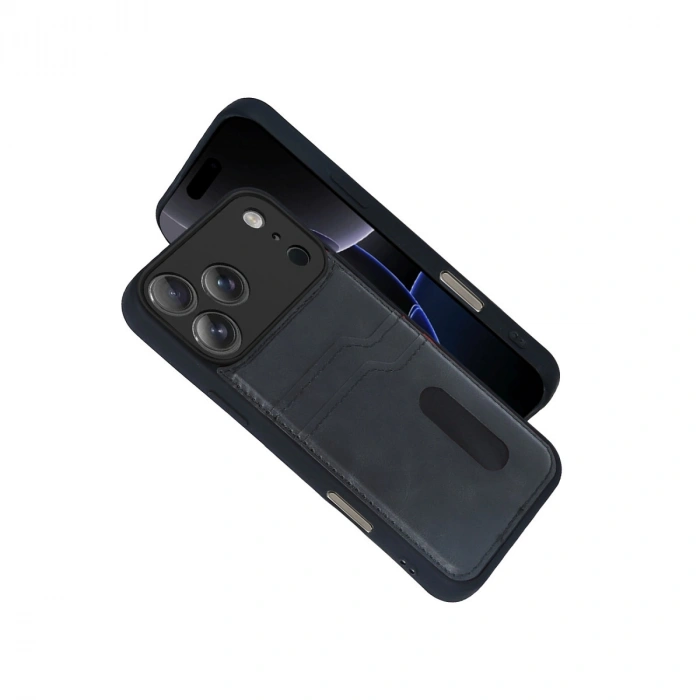 Apple iPhone 17 Pro Sara Kartvizitli Deri Kılıf - Siyah