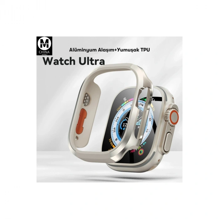 Apple Watch Ultra 49mm Mo-wt3 Alüminyum Camlı Kasa Ekran Koruyucu - Gold