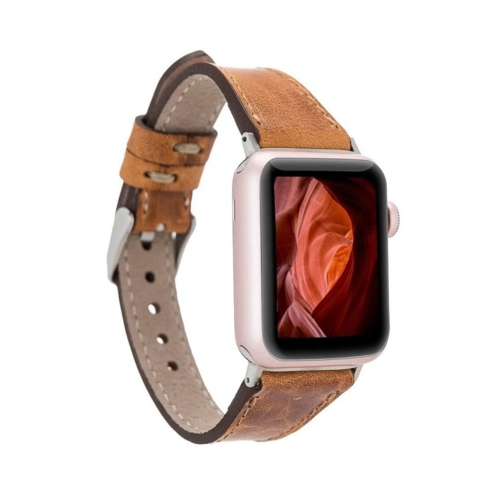 Apple Watch Uyumlu Deri Kordon 38-40-41mm Slim G19 Taba