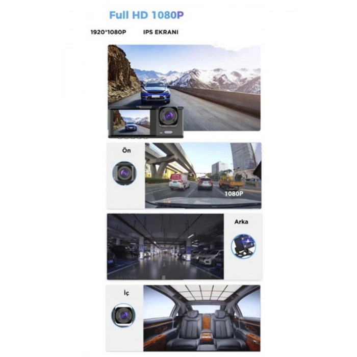 Araç İçi 1080p 3 Kameralı Lcd Ekranlı Gece Görüşlü , G-sensör , Geri Görüş Kamera