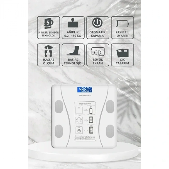 Beyaz Renk Bluetooth Özellikli Akıllı Tartı