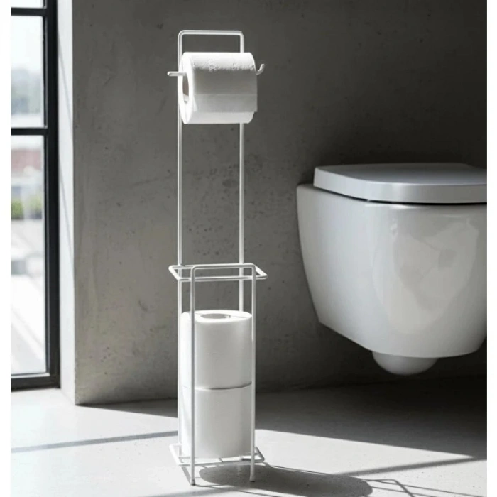Beyaz Standlı Yedek Hazneli Tuvalet Kağıtlığı