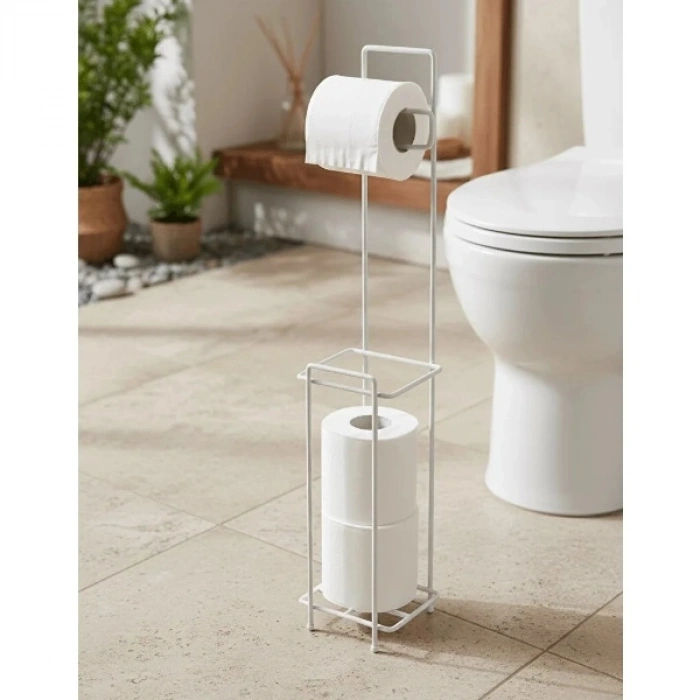 Beyaz Standlı Yedek Hazneli Tuvalet Kağıtlığı